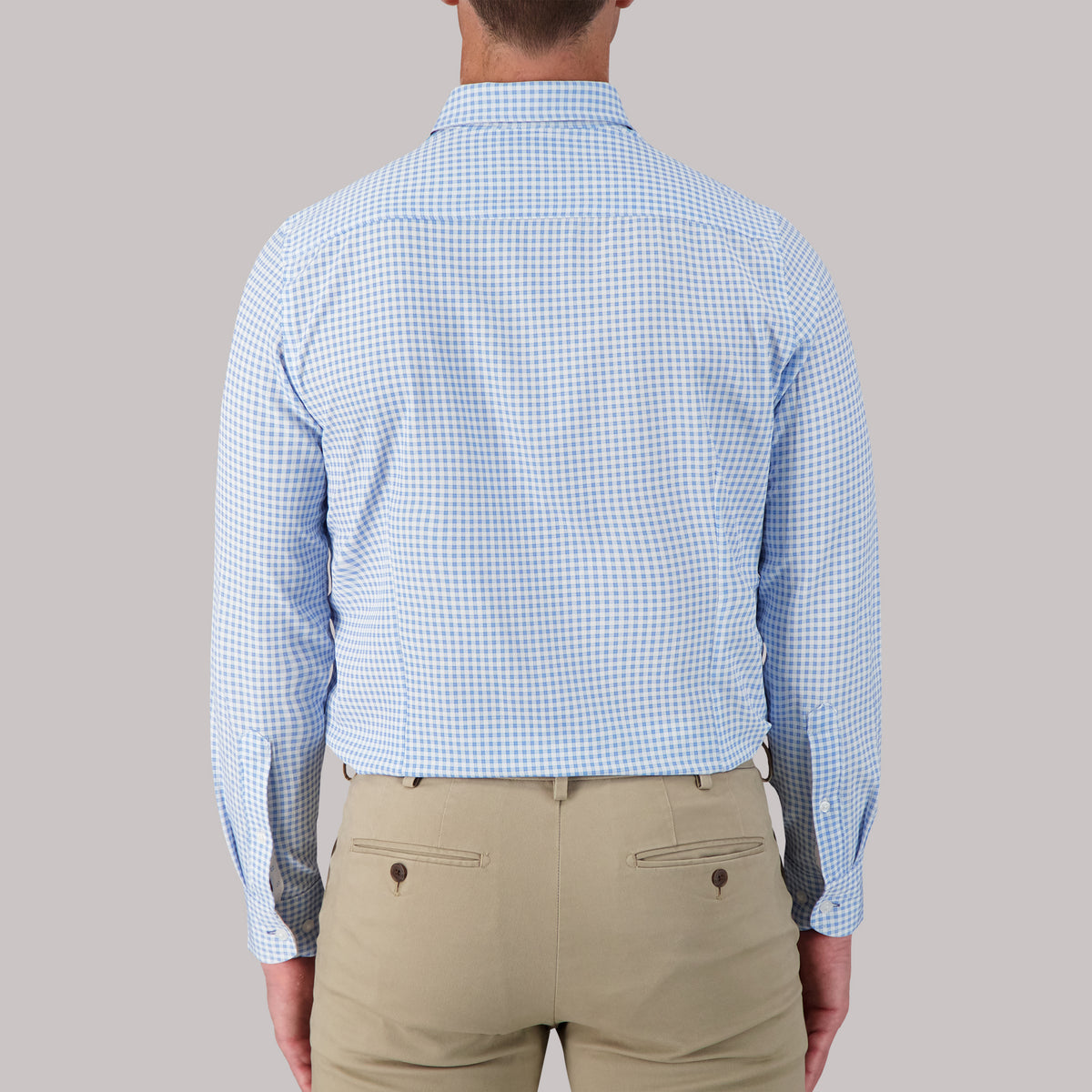 Model Back View of Long Sleeve 4-Way Dress Shirt with Check Print in Blue