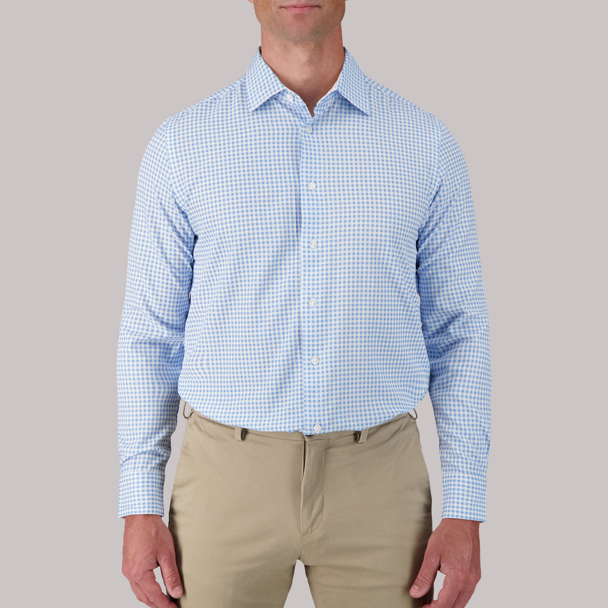 Model Front View of Long Sleeve 4-Way Dress Shirt with Check Print in Blue
