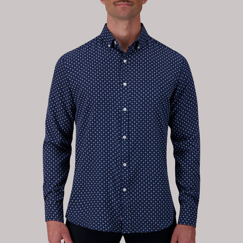 Model Front View of Long Sleeve 4-Way Sport Shirt with Floral Print in Navy