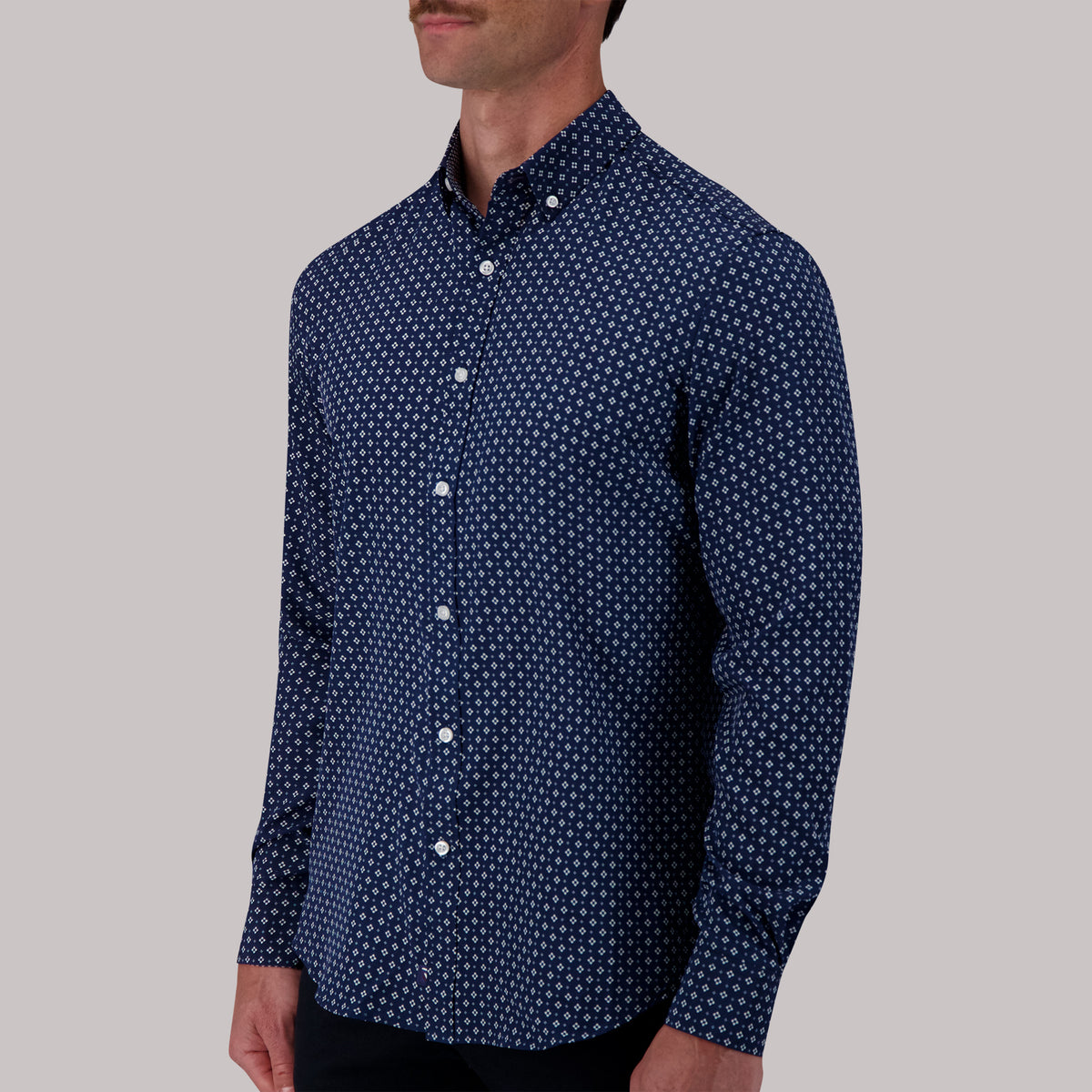 Model Side View of Long Sleeve 4-Way Sport Shirt with Floral Print in Navy