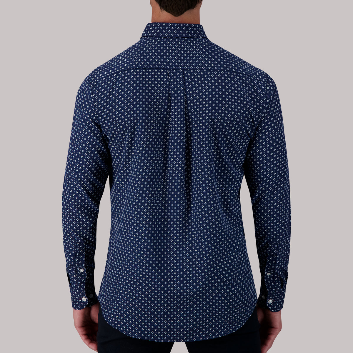 Model Back View of Long Sleeve 4-Way Sport Shirt with Floral Print in Navy