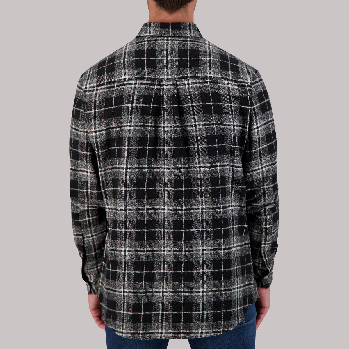 Model Back View of Recycled Flannel Plaid Over Shirt in Black
