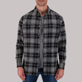 Model Front View of Recycled Flannel Plaid Over Shirt in Black