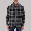 Model Front View of Recycled Flannel Plaid Over Shirt in Black