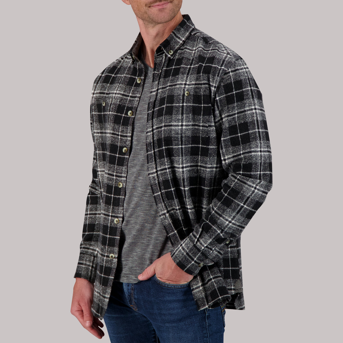 Model Open View of Recycled Flannel Plaid Over Shirt in Black