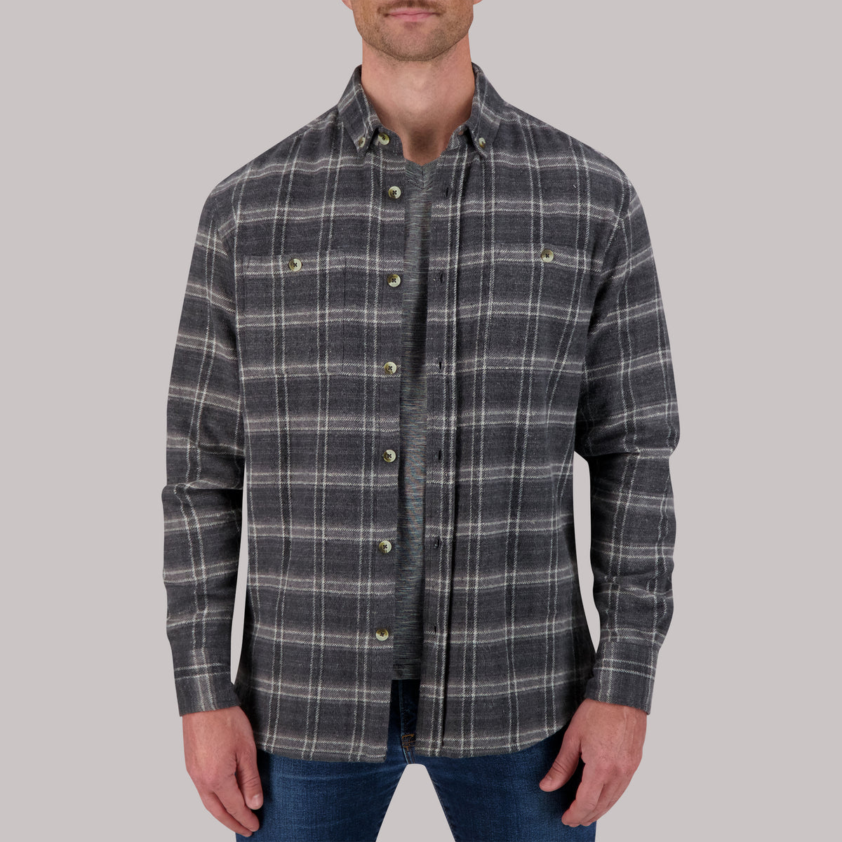 Model Front View of Recycled Flannel Plaid Over Shirt in Grey