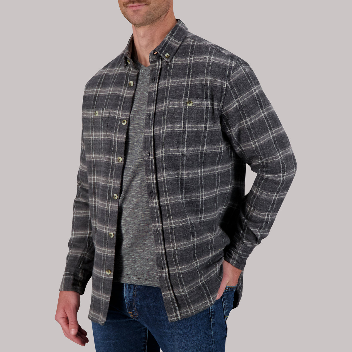 Model Open View of Recycled Flannel Plaid Over Shirt in Grey