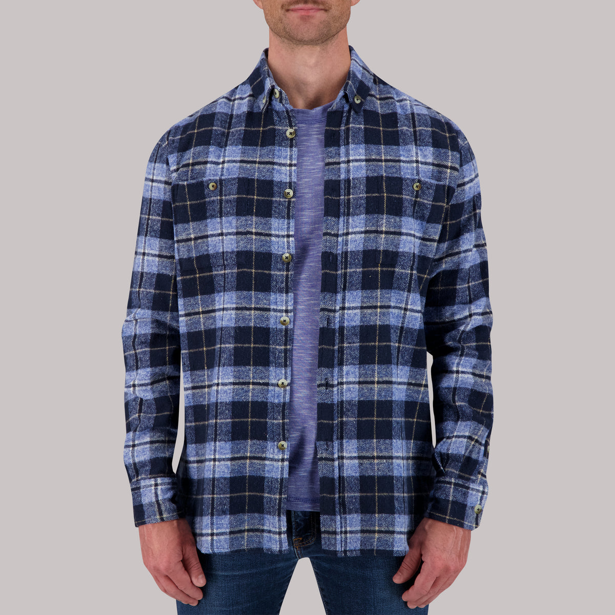 Model Front View of Recycled Flannel Plaid Over Shirt in Blue