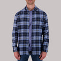 Model Front View of Recycled Flannel Plaid Over Shirt in Blue