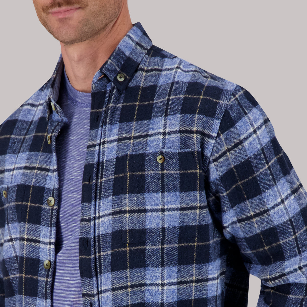 Model Front Up Close View of Recycled Flannel Plaid Over Shirt in Blue