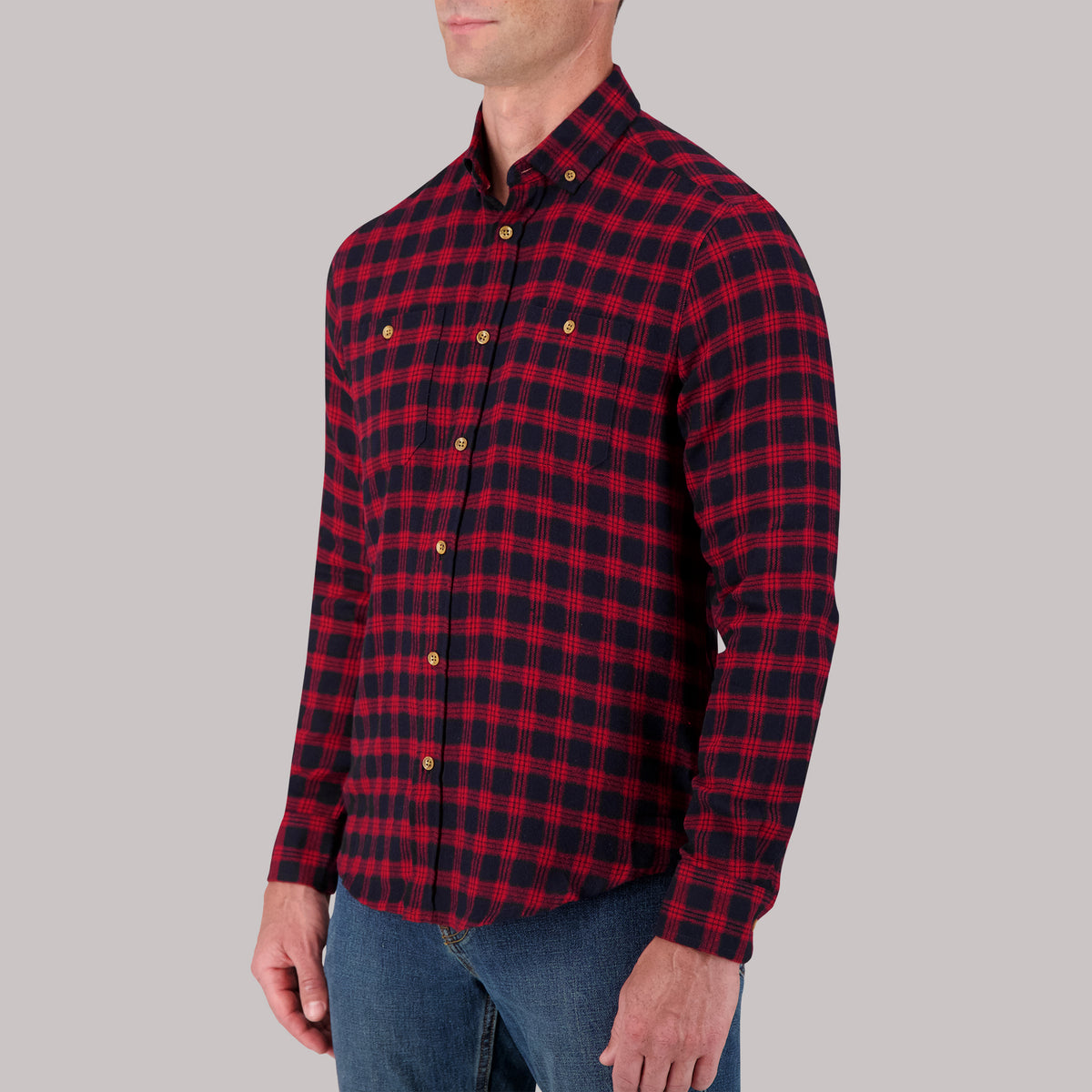 Long Sleeve Cotton Flannel Plaid Woven Sport Shirt in Red