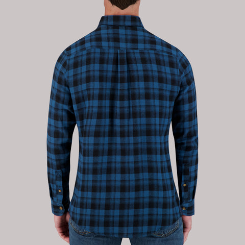 Long Sleeve Cotton Flannel Plaid Woven Sport Shirt in Blue