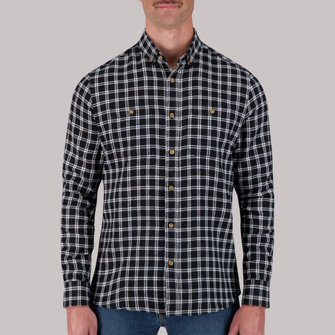Long Sleeve Cotton Flannel Plaid Woven Sport Shirt in Black