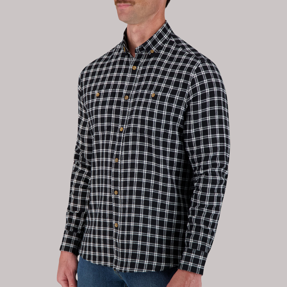 Long Sleeve Cotton Flannel Plaid Woven Sport Shirt in Black