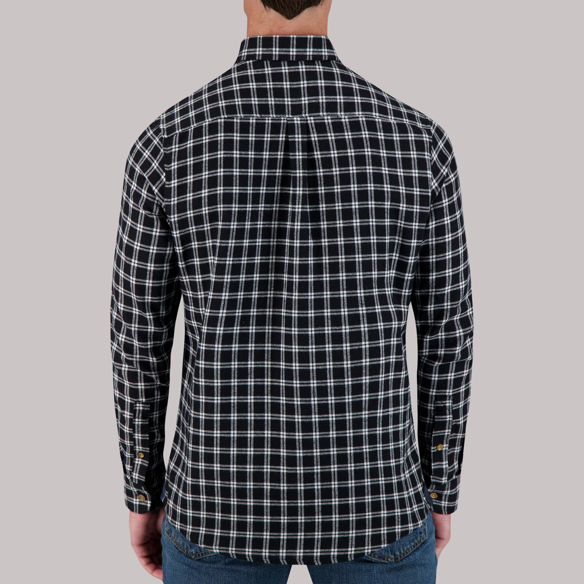 Long Sleeve Cotton Flannel Plaid Woven Sport Shirt in Black