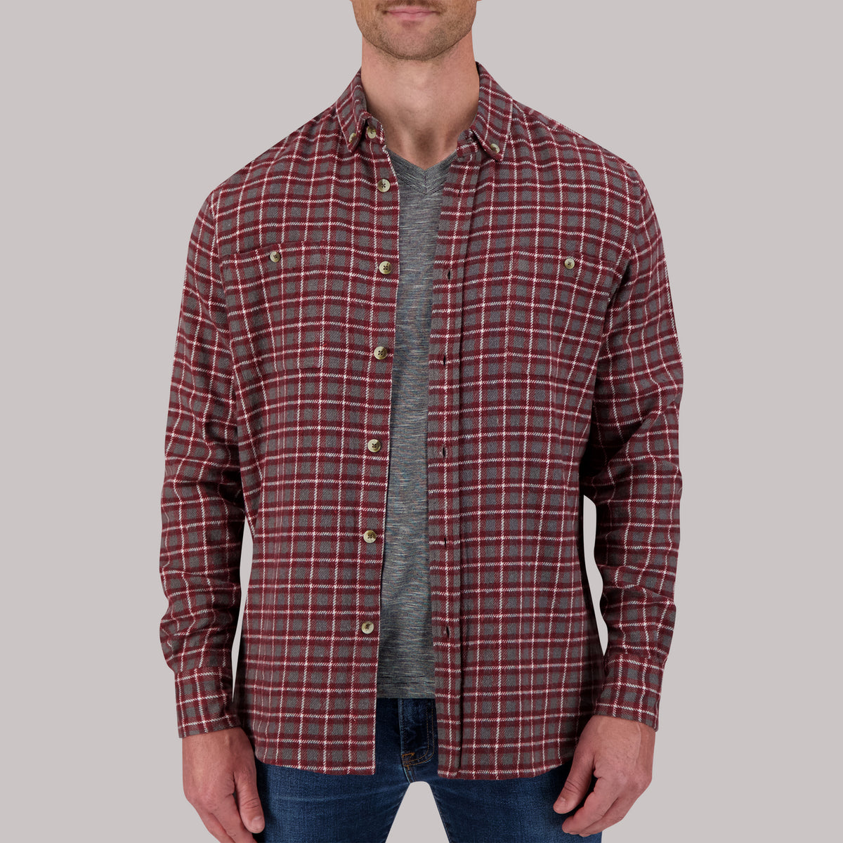 Model Front View of Recycled Flannel Plaid Over Shirt in Wine