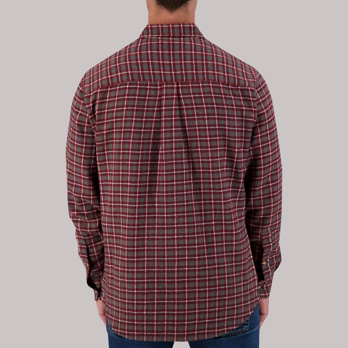 Model Back View of Recycled Flannel Plaid Over Shirt in Wine