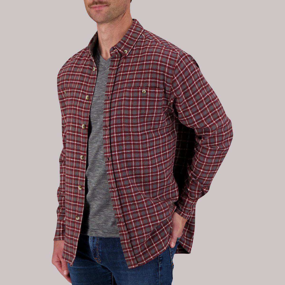Model Open View of Recycled Flannel Plaid Over Shirt in Wine