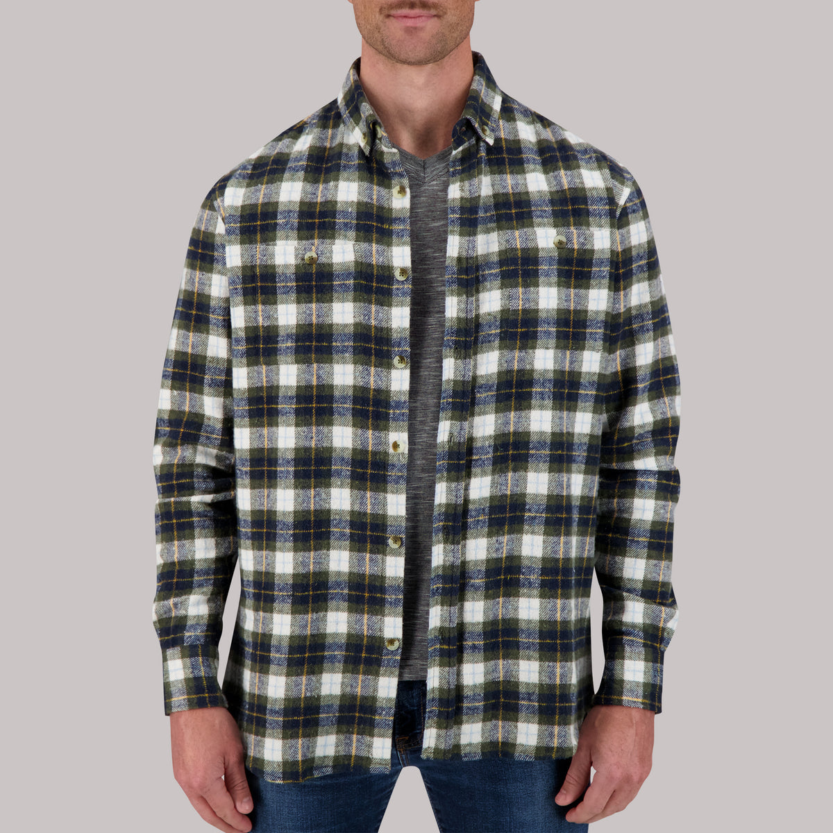 Model Front View of Recycled Flannel Plaid Over Shirt in Green