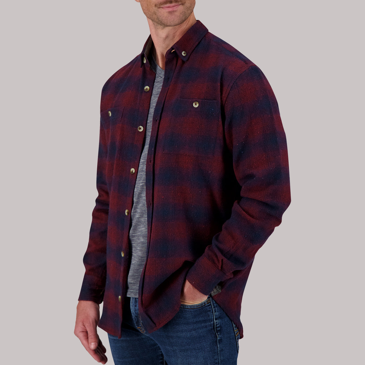 Recycled Flannel Plaid Over Shirt in Wine