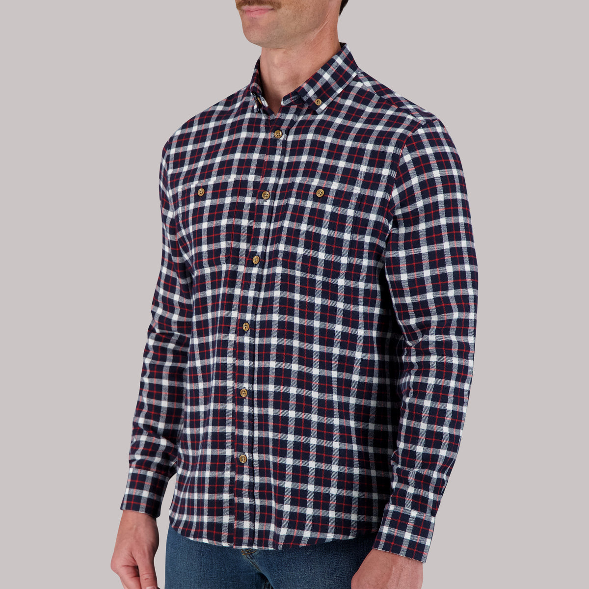 Long Sleeve Cotton Flannel Plaid Woven Sport Shirt in Navy