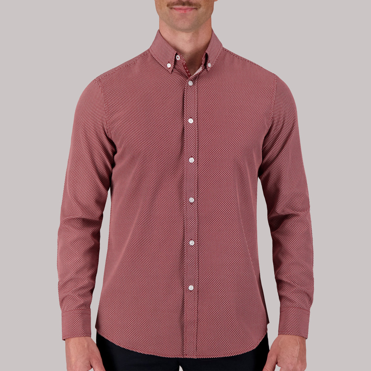Model Front View of Long Sleeve 4-Way Sport Shirt with Geometric Print in Burgundy