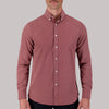 Model Front View of Long Sleeve 4-Way Sport Shirt with Geometric Print in Burgundy
