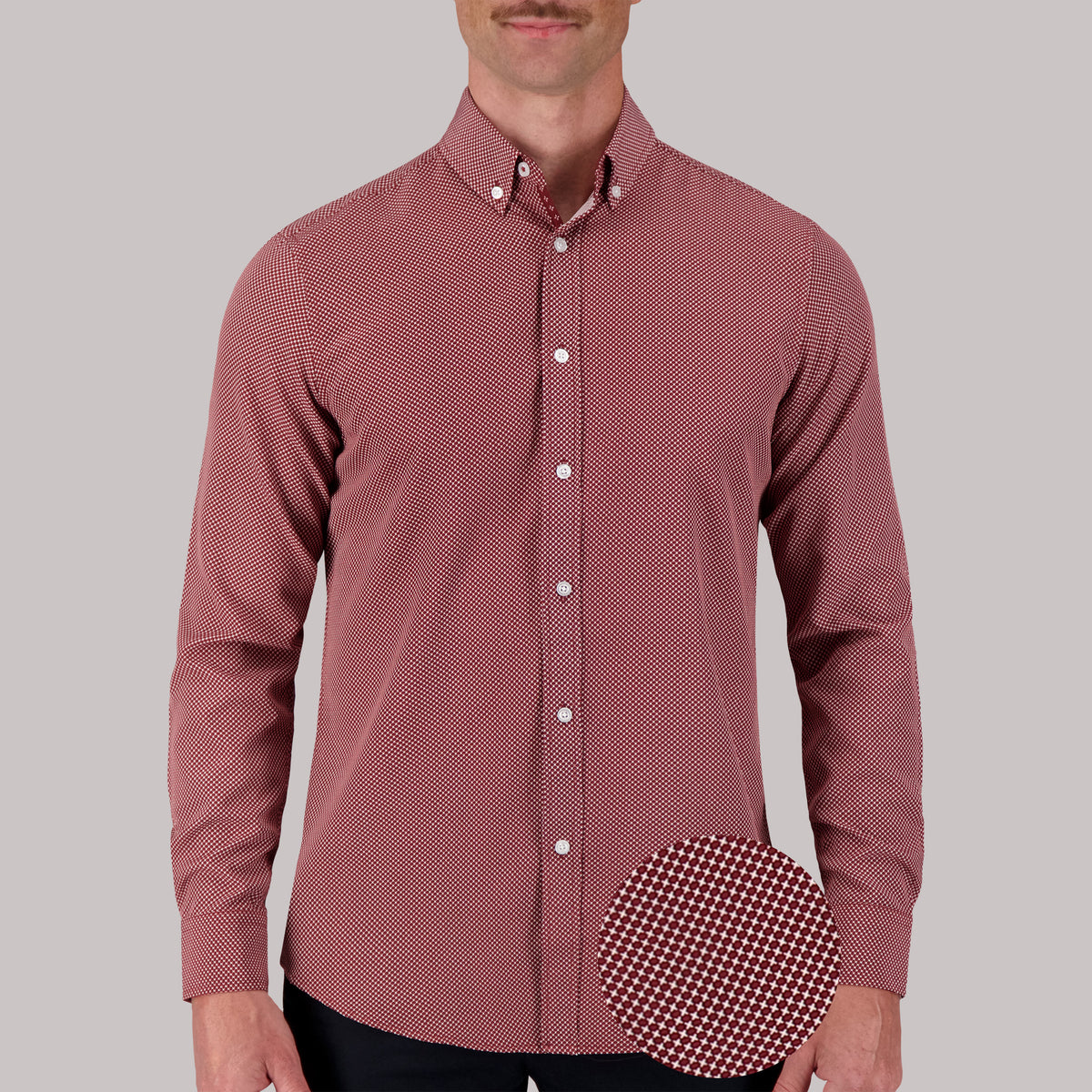 Model Front View of Long Sleeve 4-Way Sport Shirt with Geometric Print in Burgundy with magnified view of material and print
