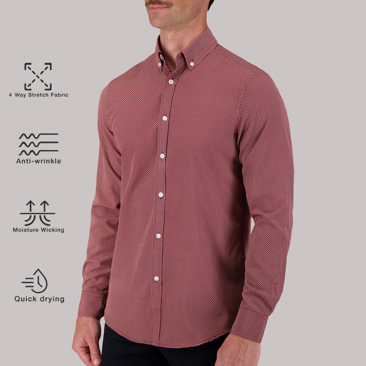 Model Side View of Long Sleeve 4-Way Sport Shirt with Geometric Print in Burgundy with description of material being 4 way stretch fabric, anti-wrinkle, moisture wicking and quick drying