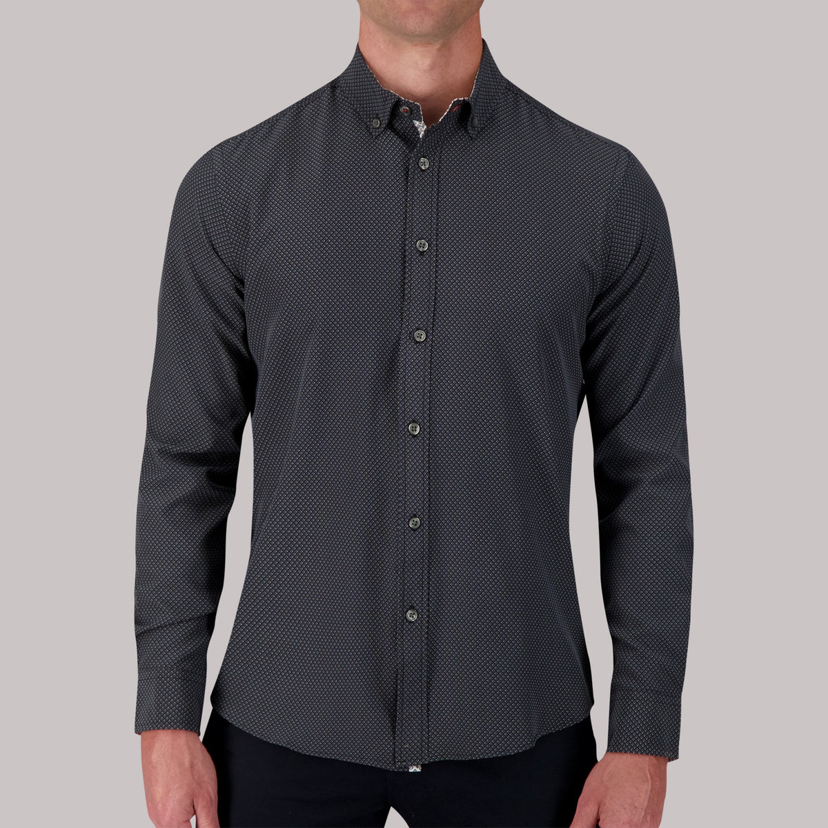 Model Front View of Long Sleeve 4-Way Sport Shirt with Geo Dots Print in Black