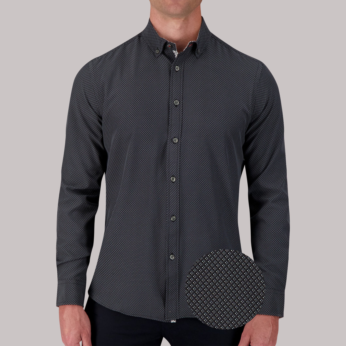 Model Front View of Long Sleeve 4-Way Sport Shirt with Geo Dots Print in Black with magnified view of material and print