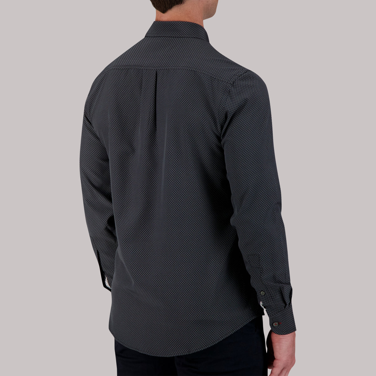 Model Back View of Long Sleeve 4-Way Sport Shirt with Geo Dots Print in Black