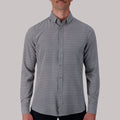 Model Front View of Long Sleeve 4-Way Sport Shirt with Geometric Print in White
