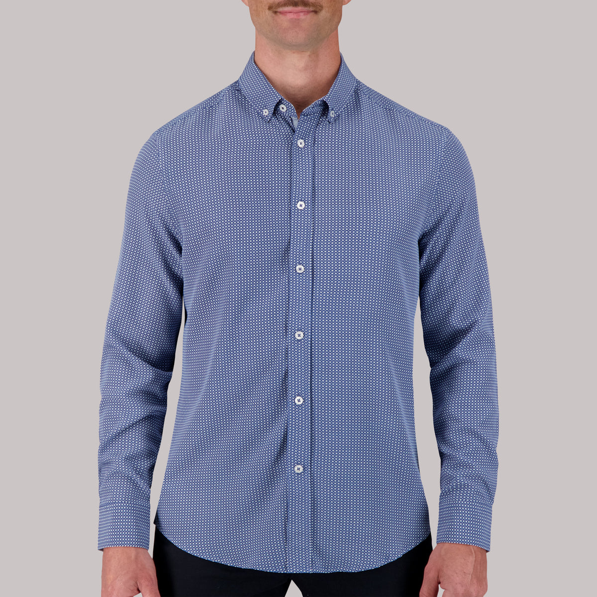 Model Front View of Long Sleeve 4-Way Sport Shirt with Geometric Print in Cobalt