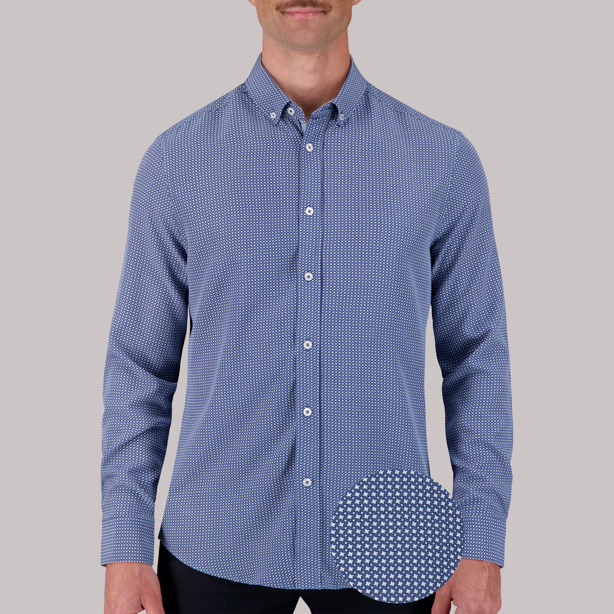 Model Front View of Long Sleeve 4-Way Sport Shirt with Geometric Print in Cobalt with magnified view of material and print