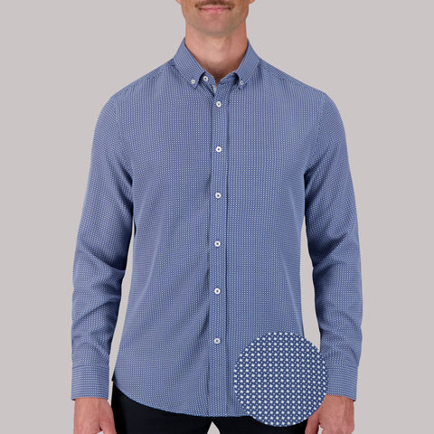 Long Sleeve 4-Way Sport Shirt with Geometric Print in Cobalt – Report  Collection