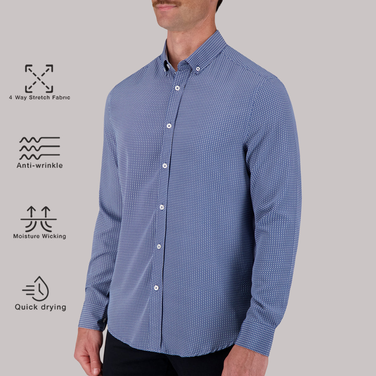 Model Side View of Long Sleeve 4-Way Sport Shirt with Geometric Print in Cobalt with description of material being 4 way stretch fabric, anti-wrinkle, moisture wicking and quick drying