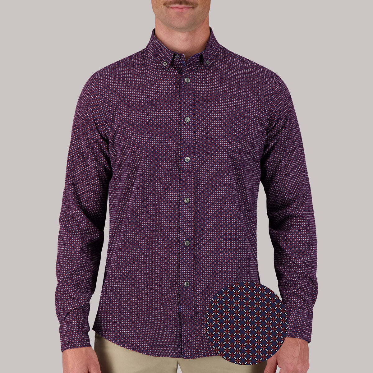 Long Sleeve 4 Way Geometric Print Sport Woven Shirt in Burgundy