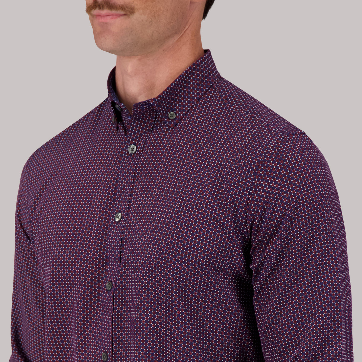 Long Sleeve 4 Way Geometric Print Sport Woven Shirt in Burgundy