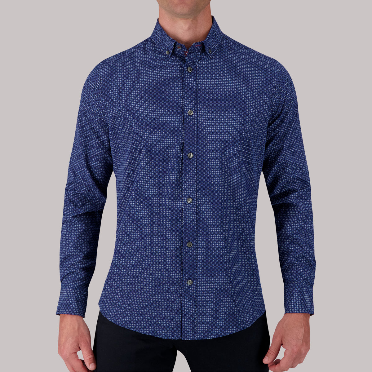Long Sleeve 4 Way Geometric Print Sport Woven Shirt in Navy