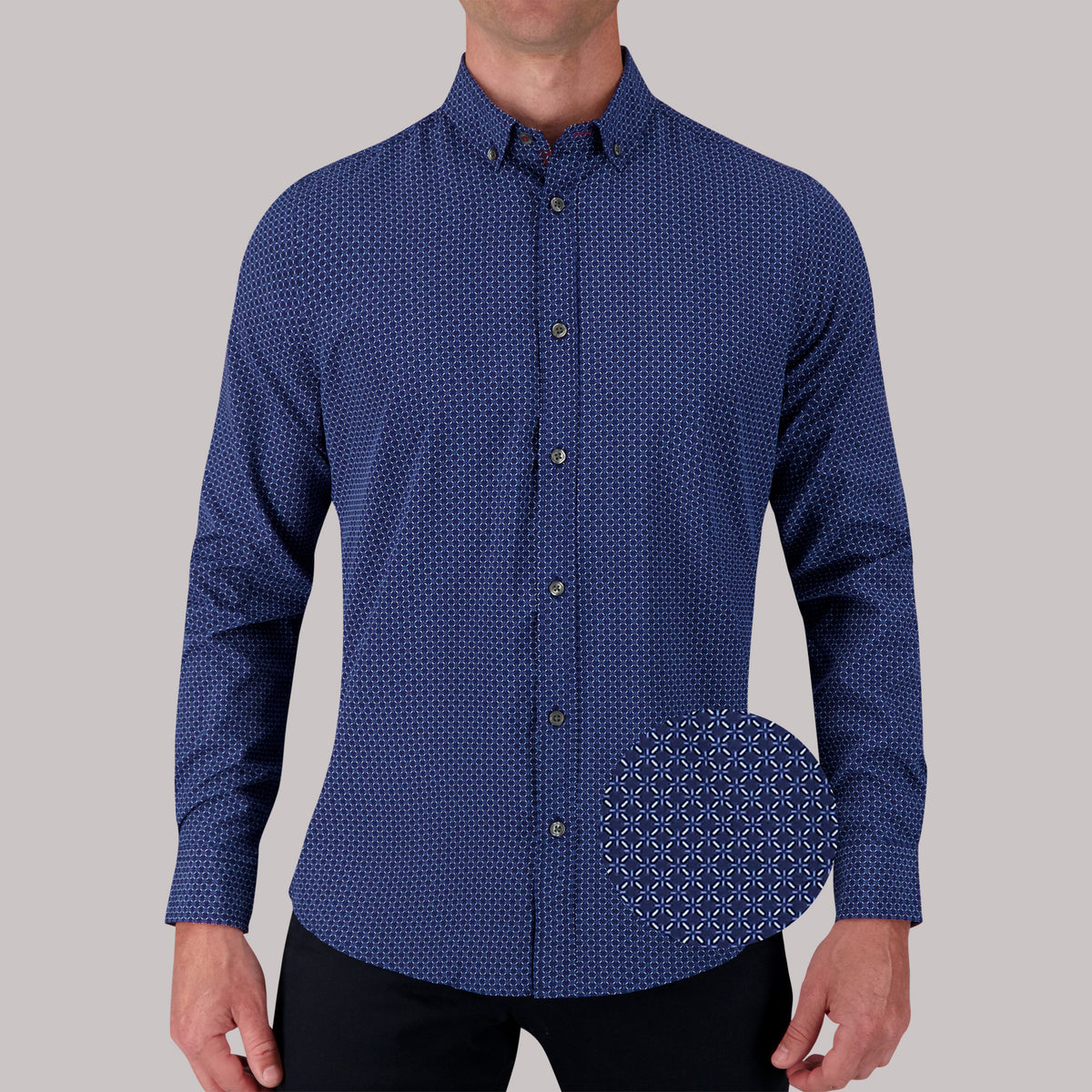 Long Sleeve 4 Way Geometric Print Sport Woven Shirt in Navy