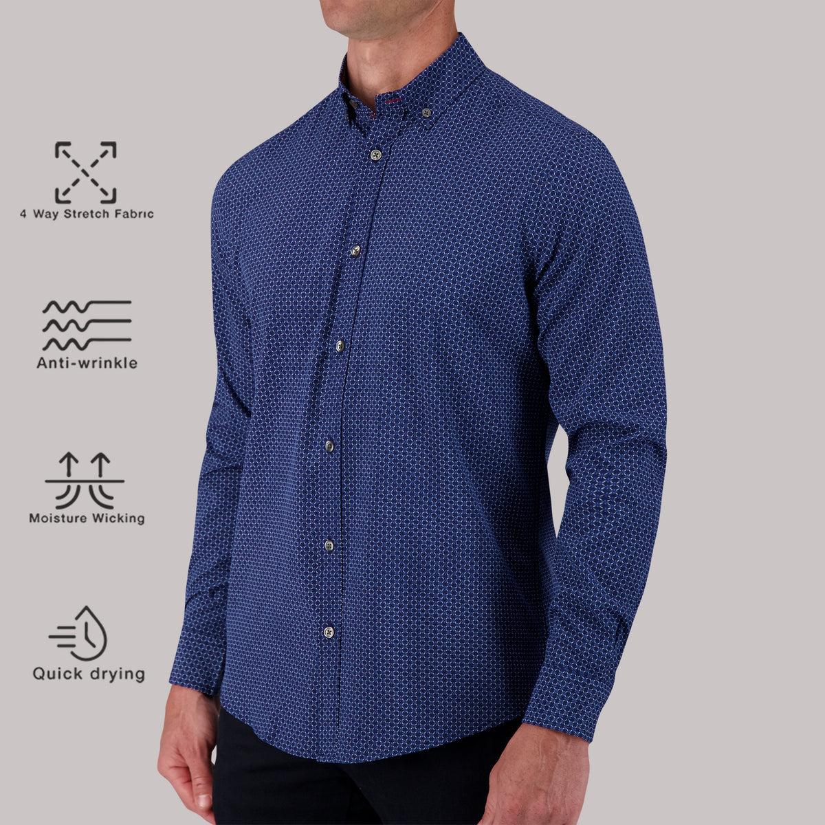 Long Sleeve 4 Way Geometric Print Sport Woven Shirt in Navy