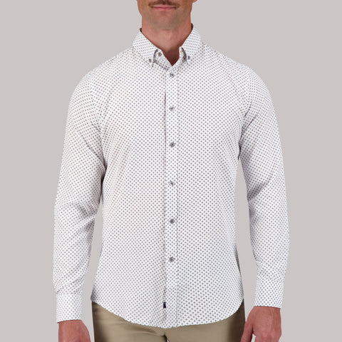 Long Sleeve 4 Way Geometric Print Sport Woven Shirt in White