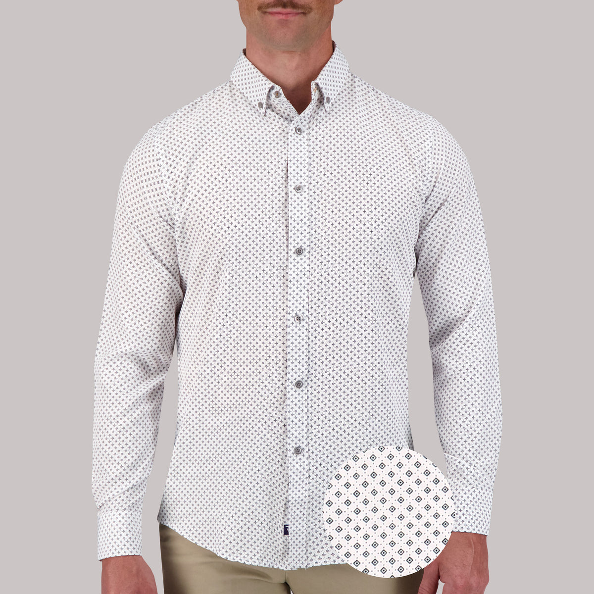 Long Sleeve 4 Way Geometric Print Sport Woven Shirt in White