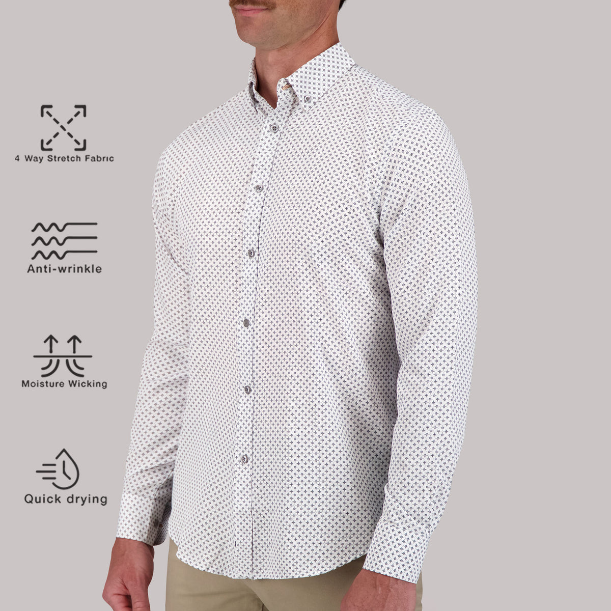 Long Sleeve 4 Way Geometric Print Sport Woven Shirt in White