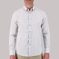 Model Front View of Long Sleeve 4-Way Sport Shirt with Geometric Print in White