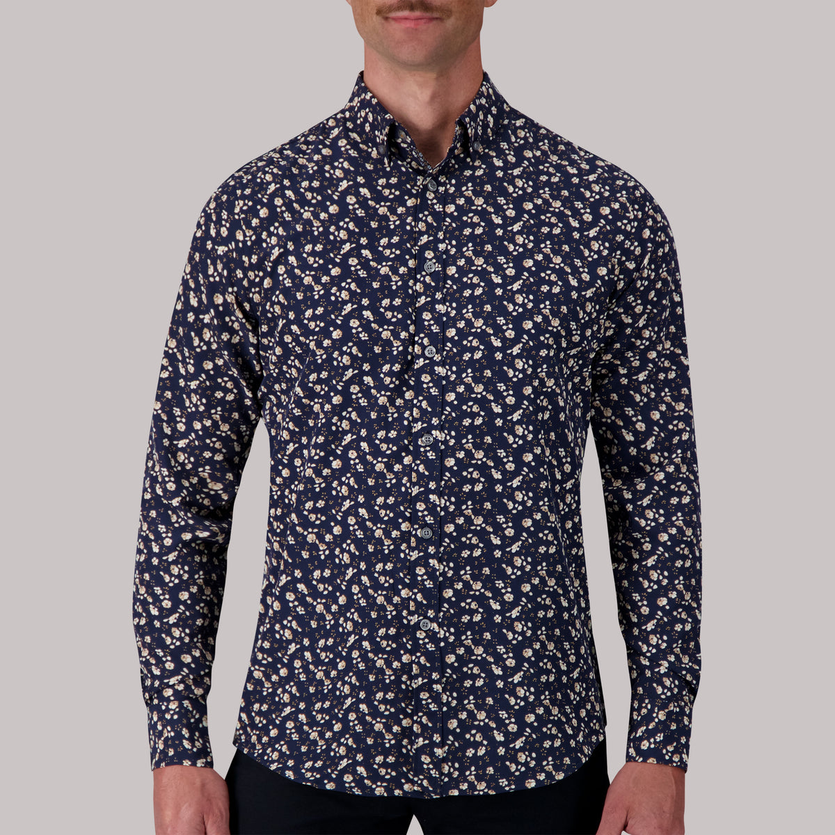 Model Front View of Long Sleeve 4-Way Sport Shirt with Floral Print in Navy