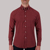 Model Front View of Long Sleeve 4-Way Sport Shirt with Geometric Print in Burgundy