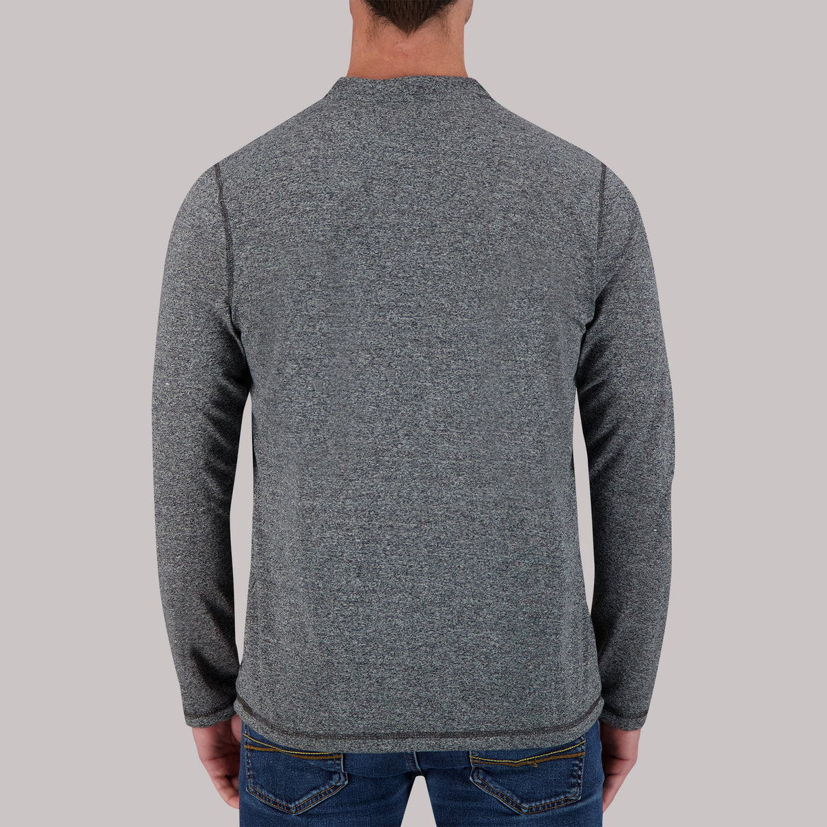Model Back View of Recycled Long Sleeve Henley Top in Charcoal