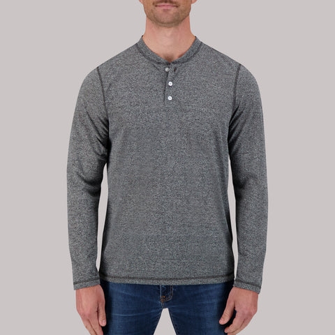 Model Front View of Recycled Long Sleeve Henley Top in Charcoal
